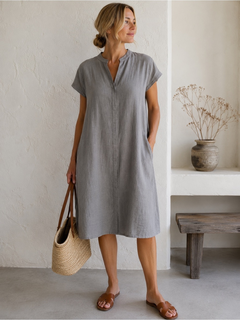 Made in Italy 100% Linen Gray Shift Dress Pockets Minimalist Lagenlook SIZE XL